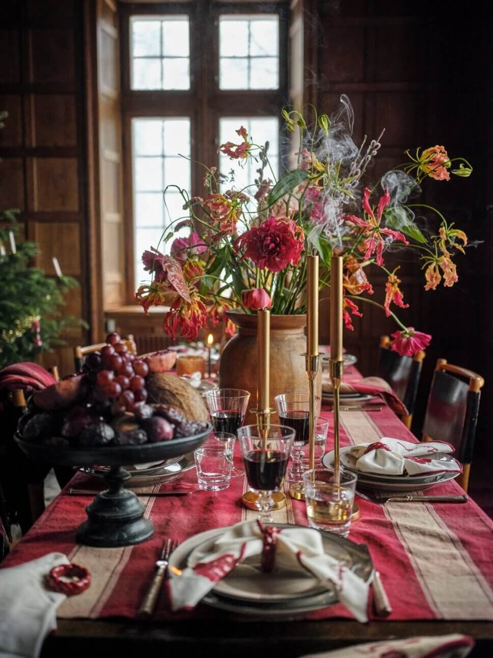 Traditional Drama: Red Stripe Tablecloth with Floral Centerpiece — Christmas Wedding Decor