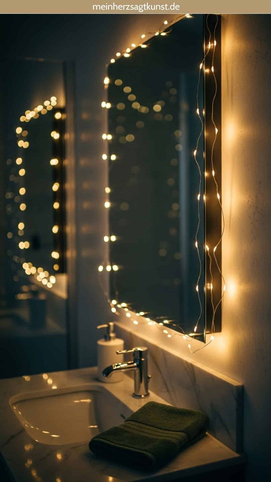 Atmospheric Evening Glow with Fairy Lights on Mirror and Sink — Christmas Bathroom Decor