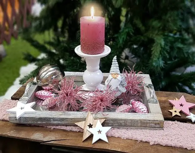 Shabby Chic Tiered Tray with Pink Candle and Gnome — Christmas Tiered Tray