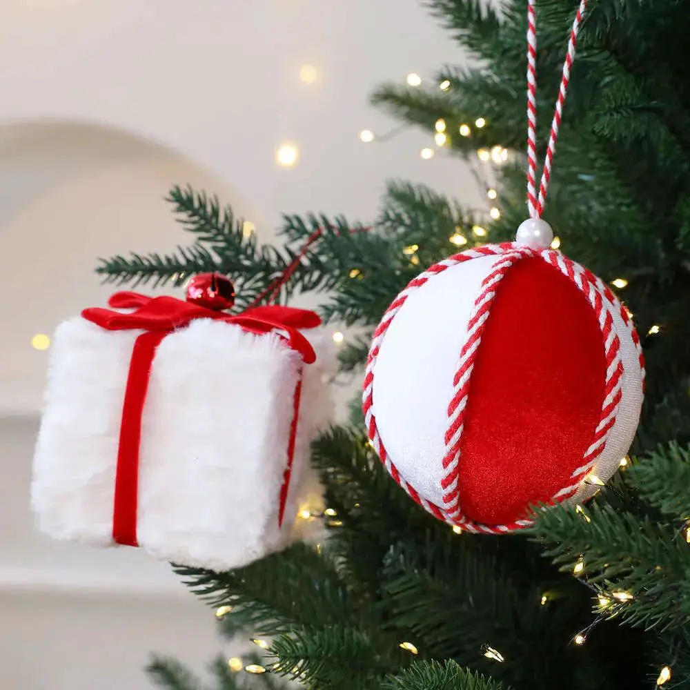 Fluffy White Gift Box Ornament with Red Ribbon Fluffy White Gift Box Ornament with Red Ribbon — Red and White Christmas Tree