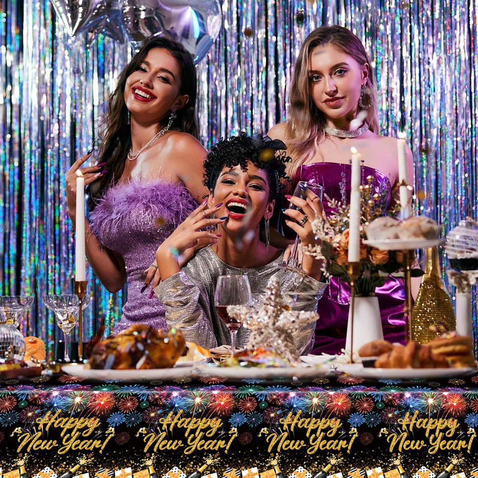 'Happy New Year' Printed Tablecloth with Gold and Silver Accents 'Happy New Year' Printed Tablecloth with Gold and Silver Accents — New Years Eve Party Decor