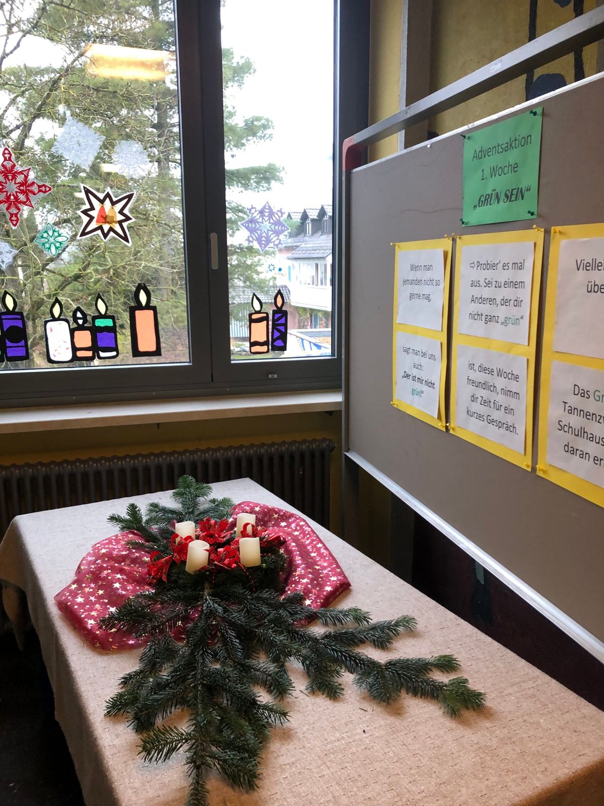 Advent Wreath and Pine Branches on a Classroom Table Advent Wreath and Pine Branches on a Classroom Table — Christmas Classroom Decor