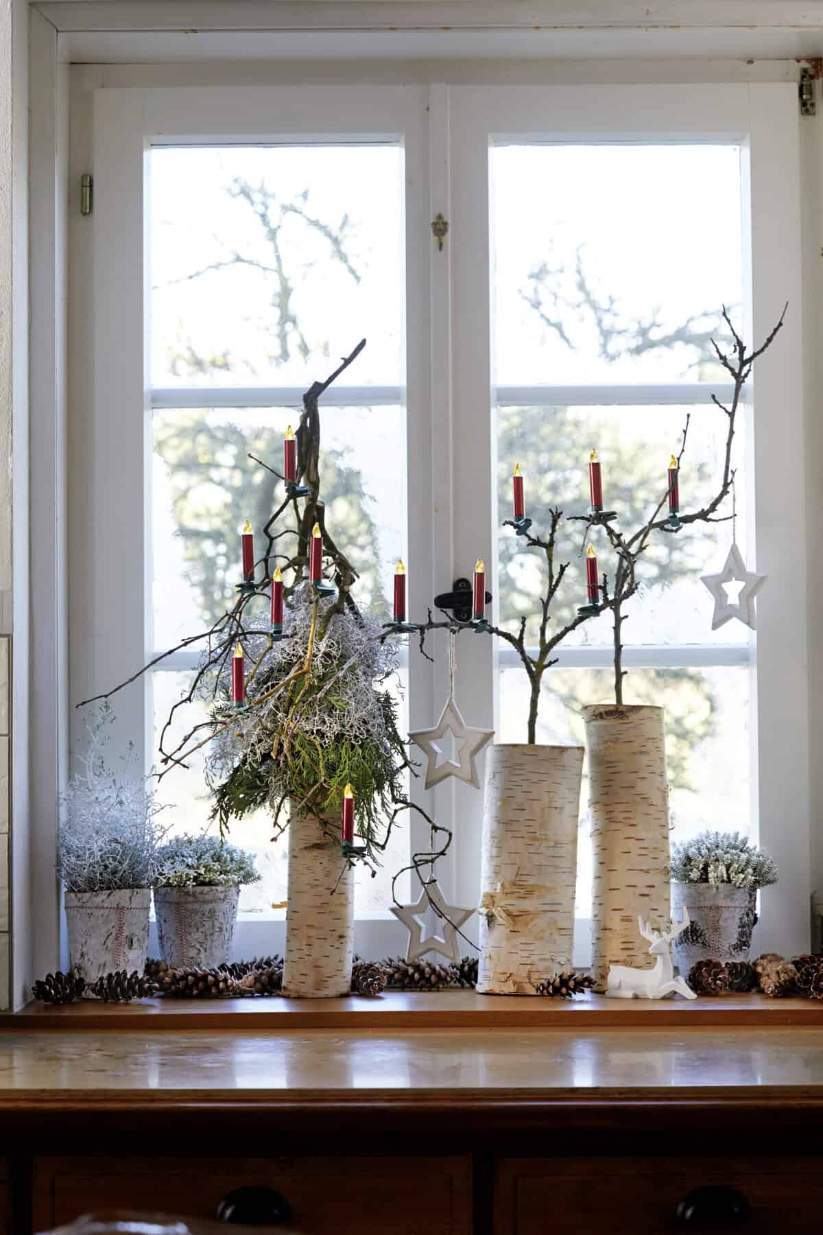 Rustic Window Sill with Branch Candelabra Rustic Window Sill with Branch Candelabra — Christmas Window Decor Outdoor