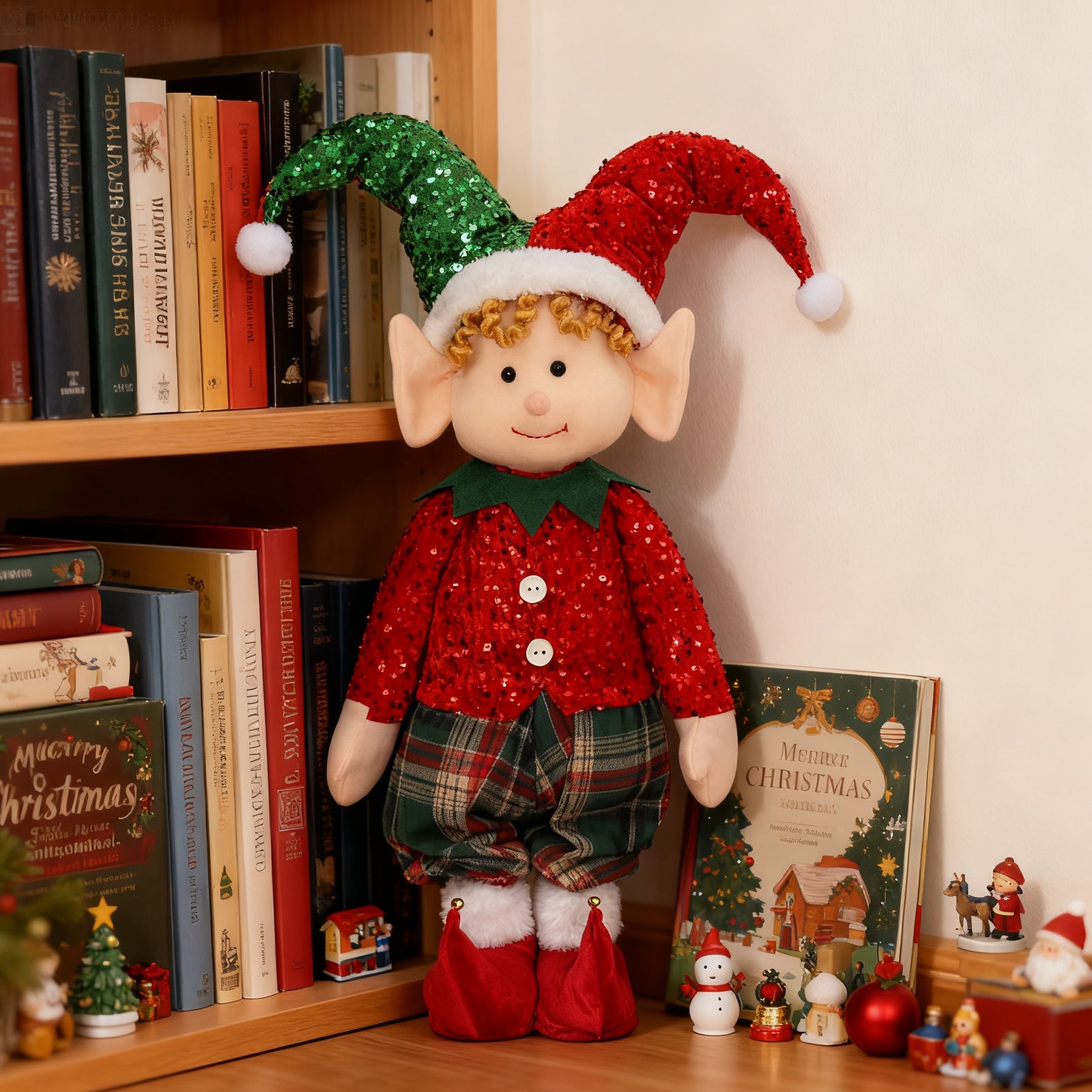 Whimsical Bookshelf with a Large Sequined Elf Figure Whimsical Bookshelf with a Large Sequined Elf Figure — Christmas Bookshelf Decor
