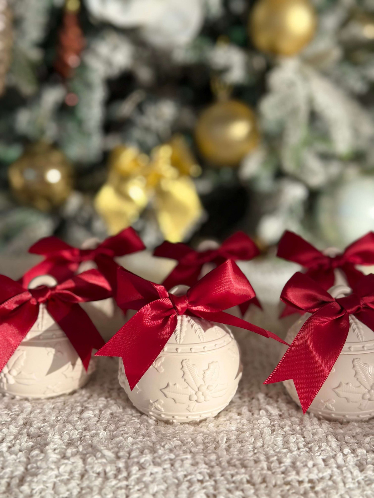 Cream Ornaments with Red Bows for Traditional Elegance — Handmade Christmas Ornaments
