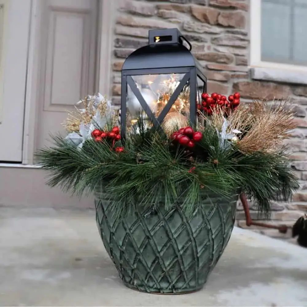 Nestle a Lantern within a Festive Planter Arrangement — Christmas Porch Lanterns