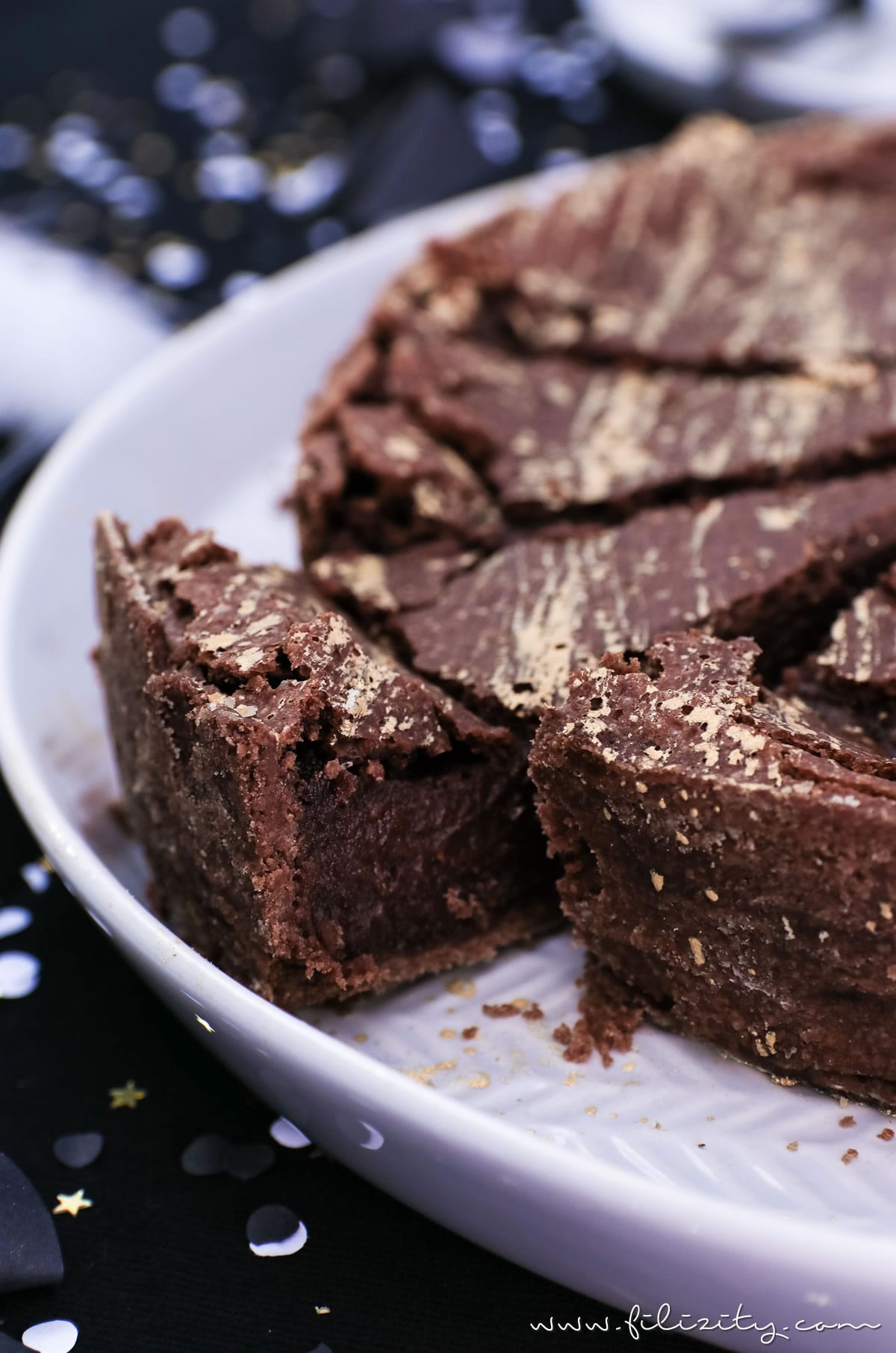Rich Chocolate Cake Slices with Golden Dust — New Years Eve Dessert Table