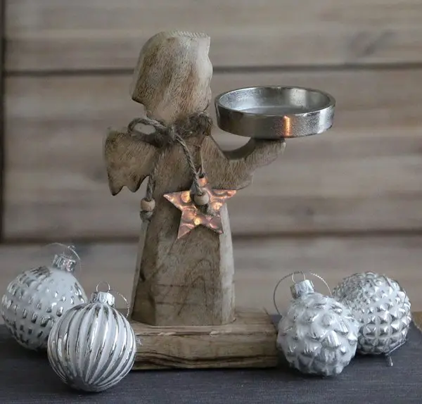 Rustic Vignette with Wooden Angel and Ornaments Rustic Vignette with Wooden Angel and Ornaments — Vintage Christmas Ornaments