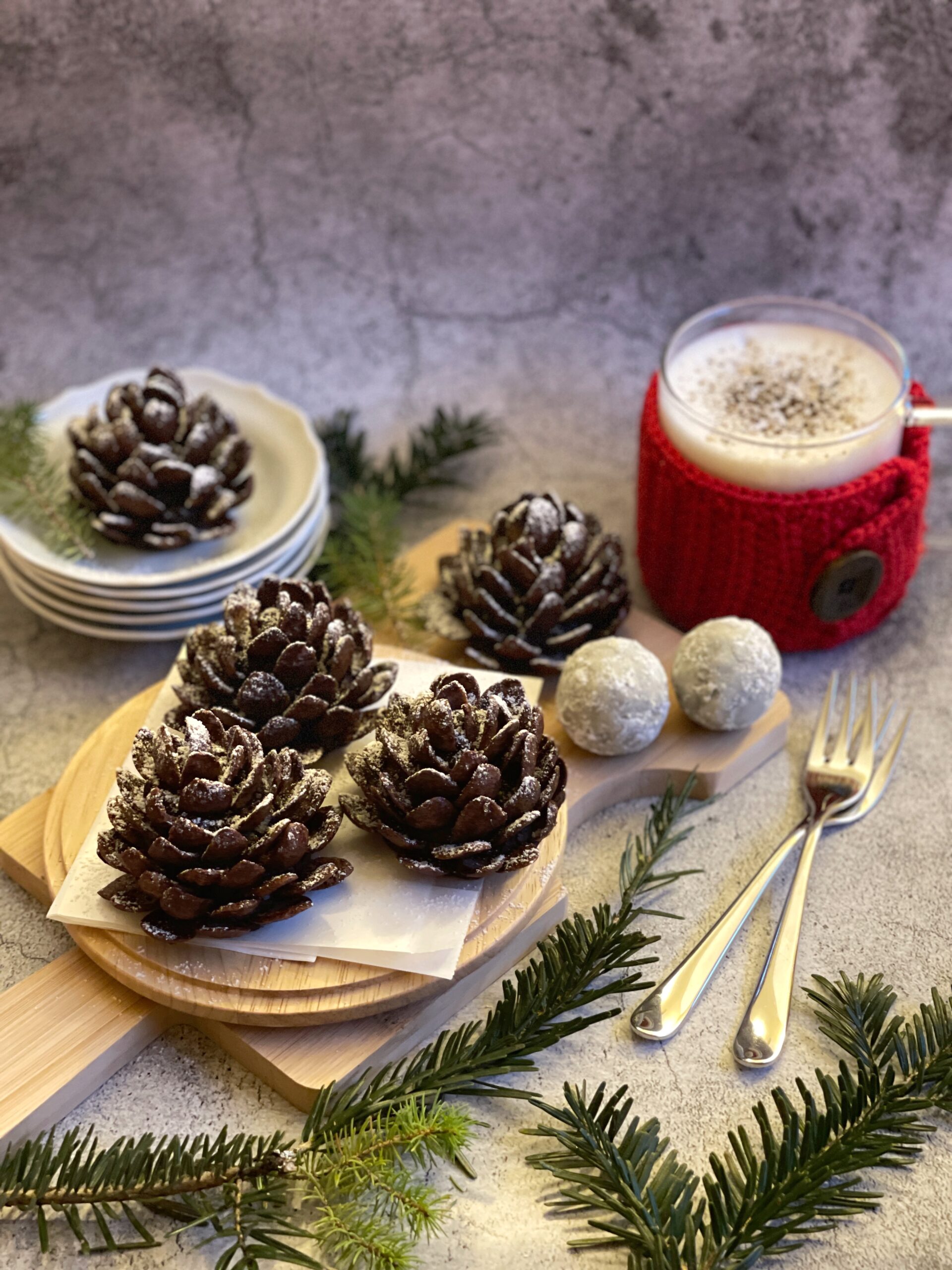 Rustic Pine Cone Chocolates with Fir Branches — Christmas Dessert Table