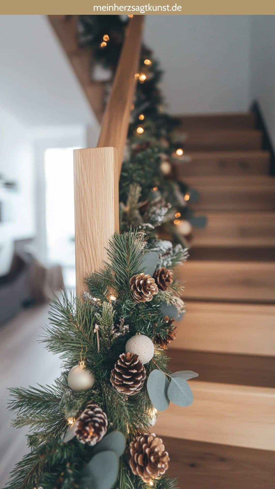 Festive Garland with Pinecones and Eucalyptus on Wooden Stairs — Christmas Stair Garland