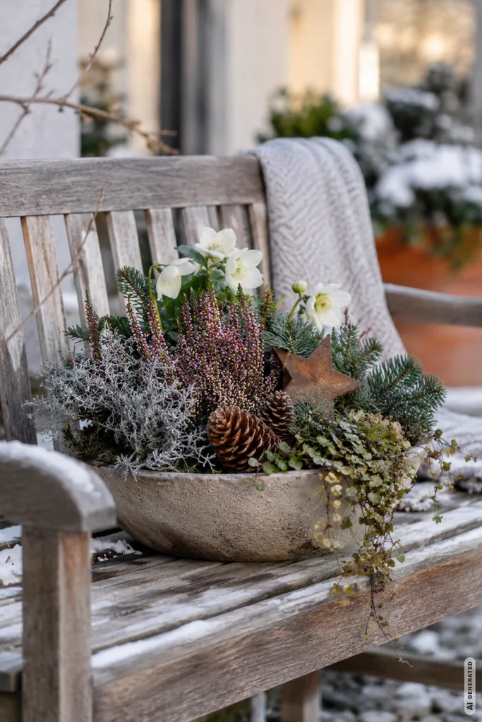Rustic Planter with Heather and Pine on a Wooden Bench — Winter Porch Decor
