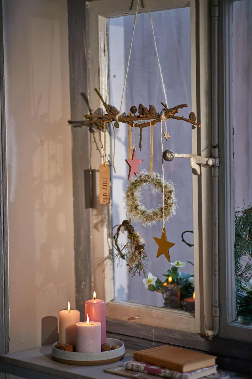Rustic Wreath Mobile with Pinecones and Candles Rustic Wreath Mobile with Pinecones and Candles — Christmas Window Wreaths