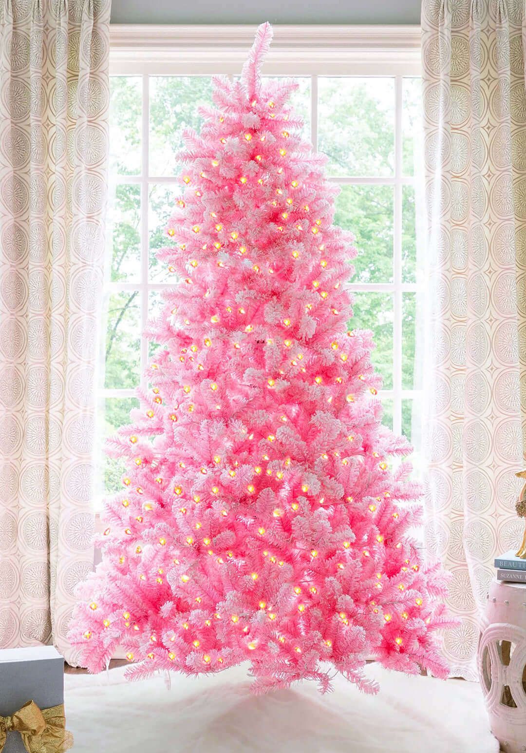 Whimsical Pink Flocked Christmas Tree with Yellow Lights Whimsical Pink Flocked Christmas Tree with Yellow Lights — Flocked Christmas Tree Decor