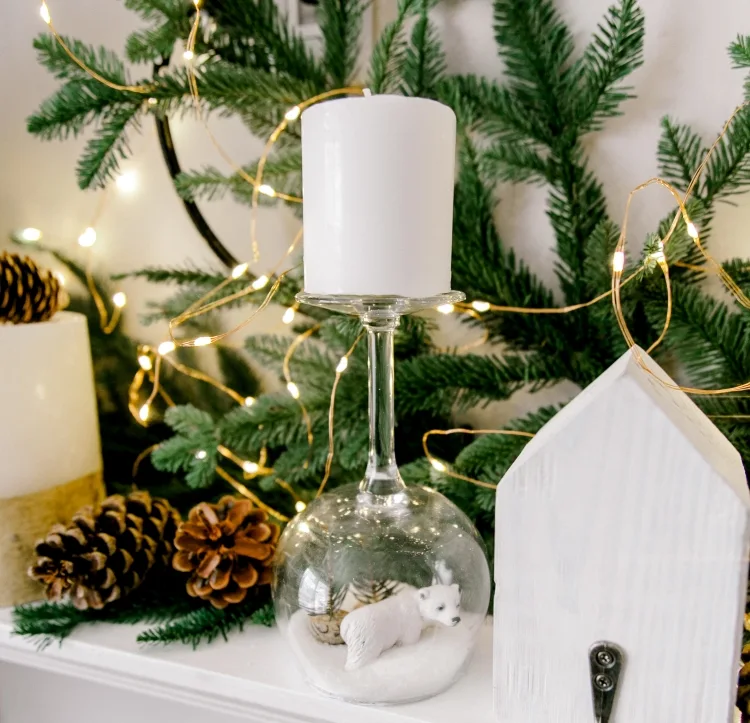 Modern Rustic Wine Glass Candle Holder with Miniature Scene — Christmas Crafts for Adults