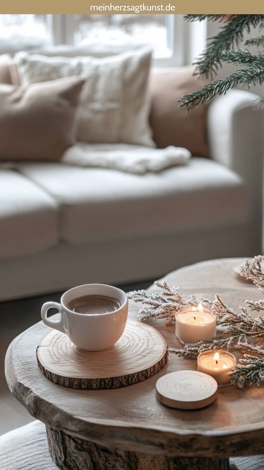 Cozy Rustic Coffee Table with Steaming Coffee and Candles Cozy Rustic Coffee Table with Steaming Coffee and Candles — Christmas Coffee Table Decor
