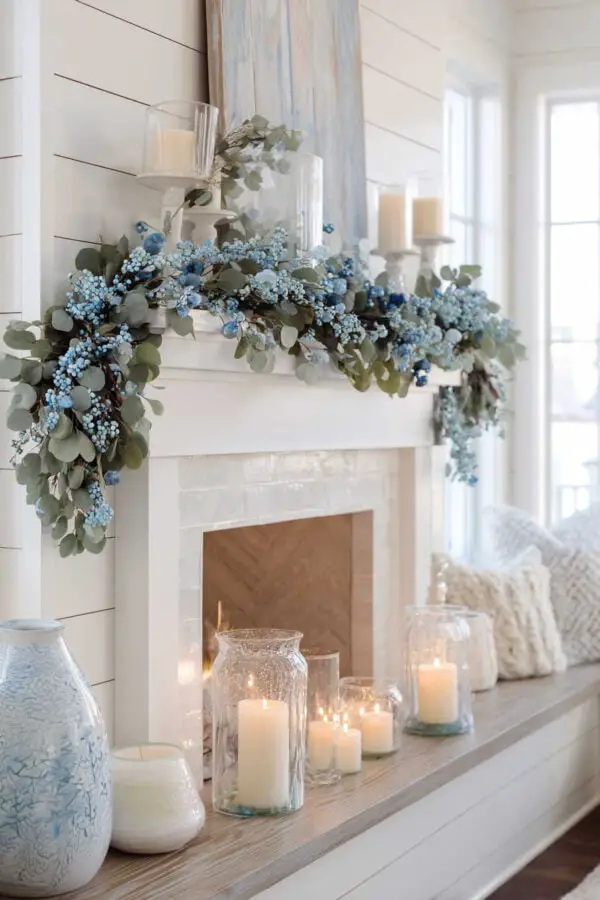 Coastal Mantel with Blue Berry Garland and Candles Coastal Mantel with Blue Berry Garland and Candles — Coastal Christmas Decor