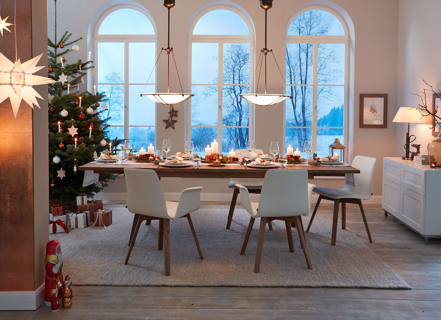 Modern Dining Room with Arched Windows and Winter View — Christmas Dining Room Decor