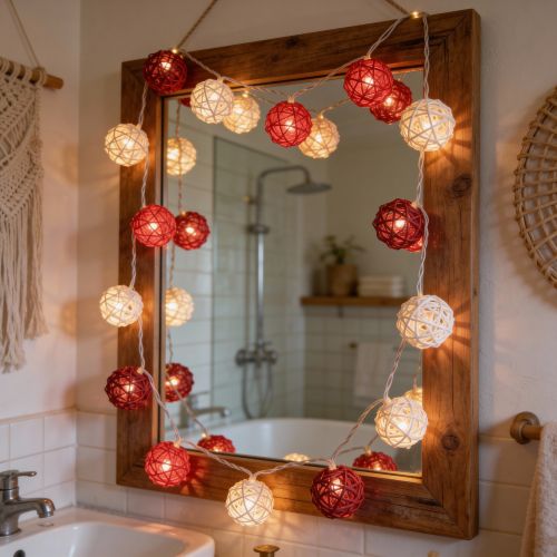 Boho Mirror with Rattan Ball String Lights — Christmas Bathroom Decor