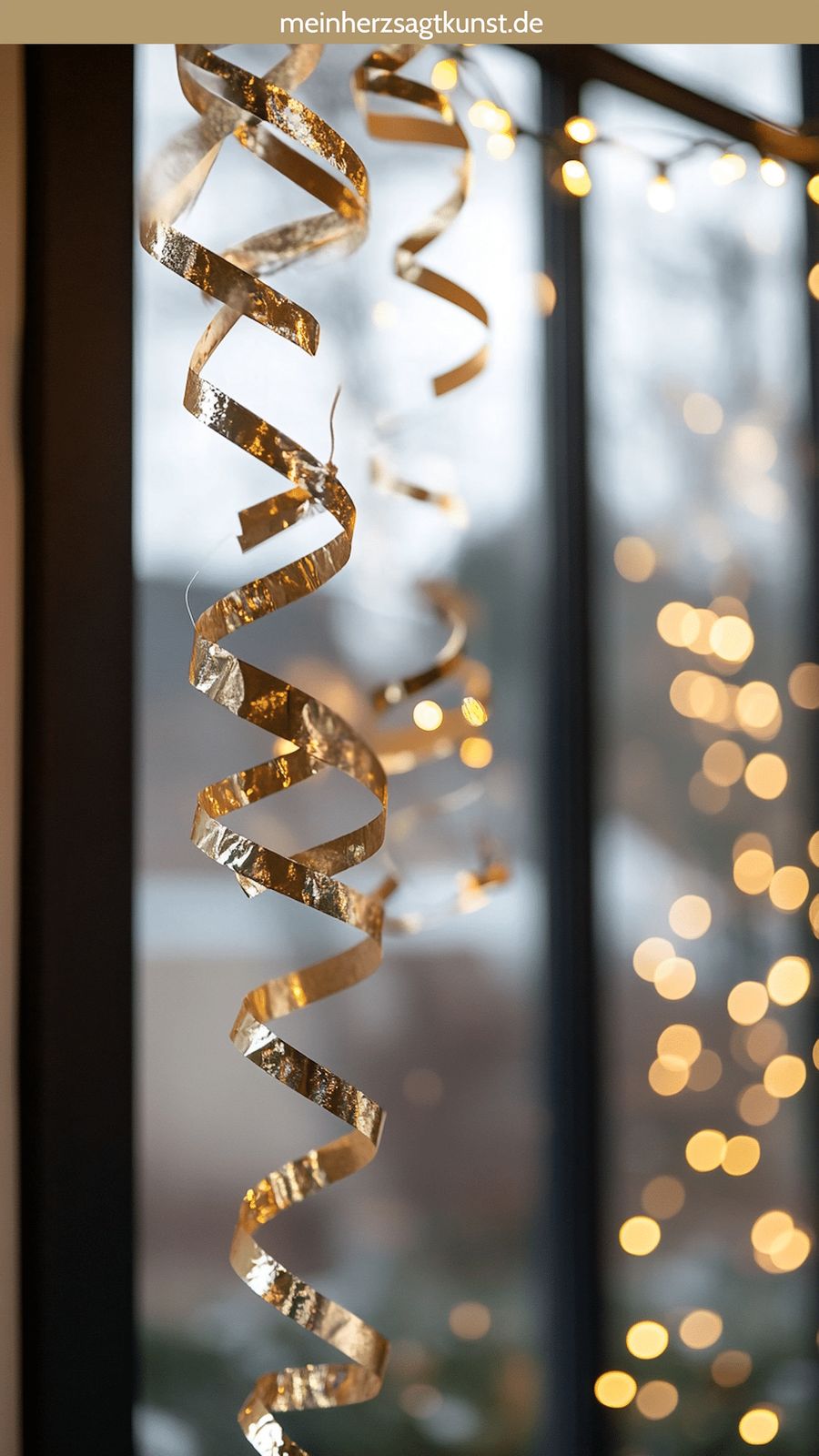 Gold Foil Streamers and Bokeh Lights for a Festive Window Gold Foil Streamers and Bokeh Lights for a Festive Window — New Years Eve Party Decor