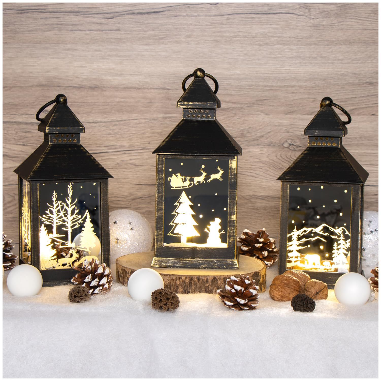 Trio of Black Metal Lanterns with Illuminated Christmas Scenes — Christmas Lantern Lights