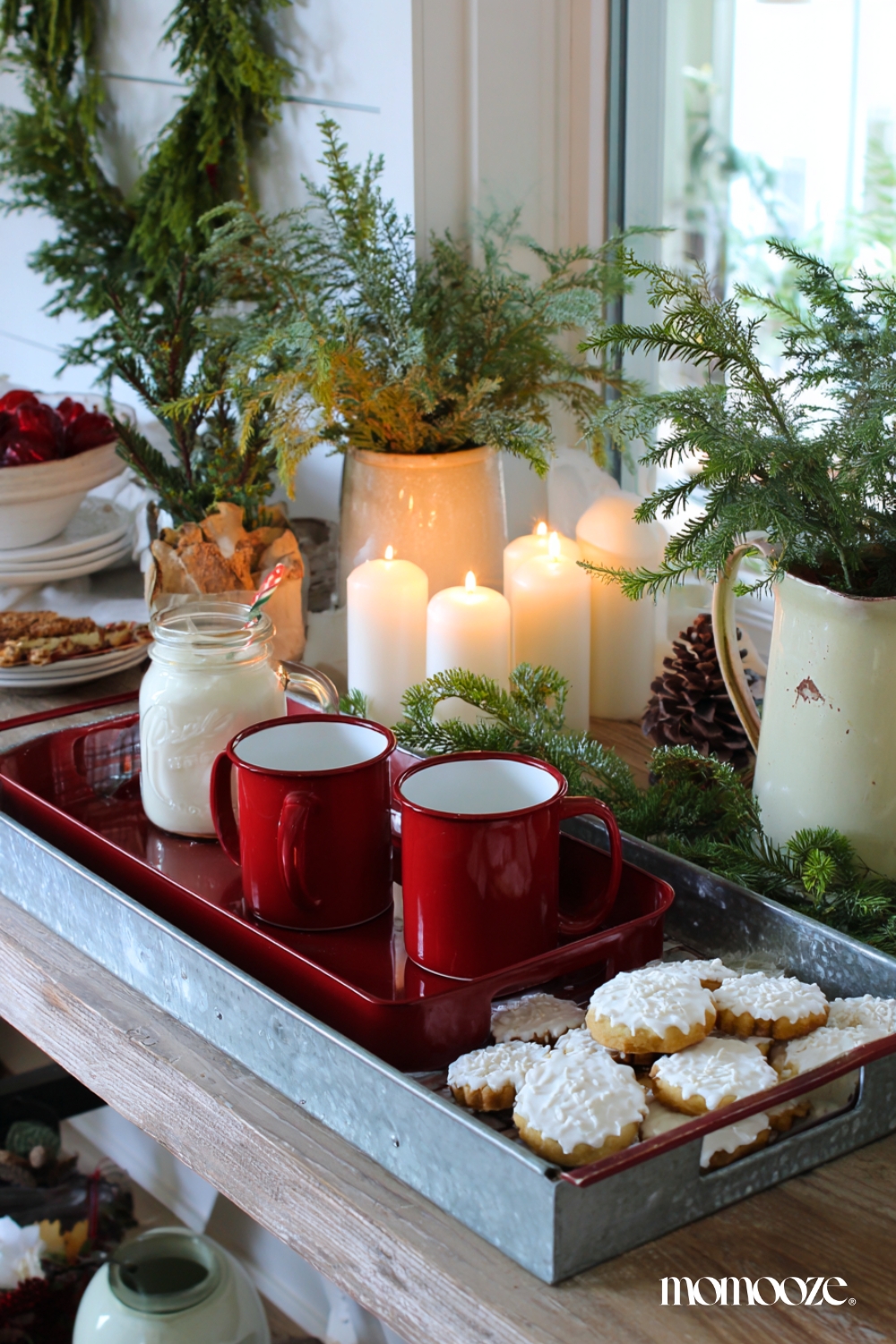 Farmhouse Hot Cocoa Bar Tray with Red Mugs and Cookies — Christmas Hot Cocoa Bar