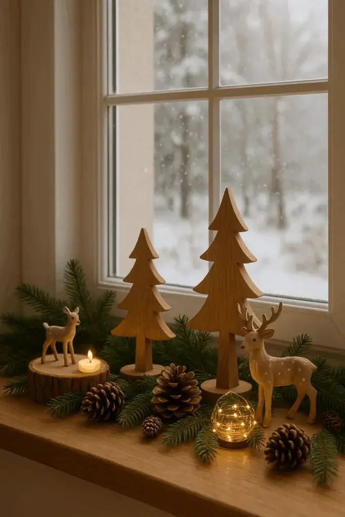 Rustic Window Sill Vignette with Wooden Trees and Deer — Winter Decor After Christmas