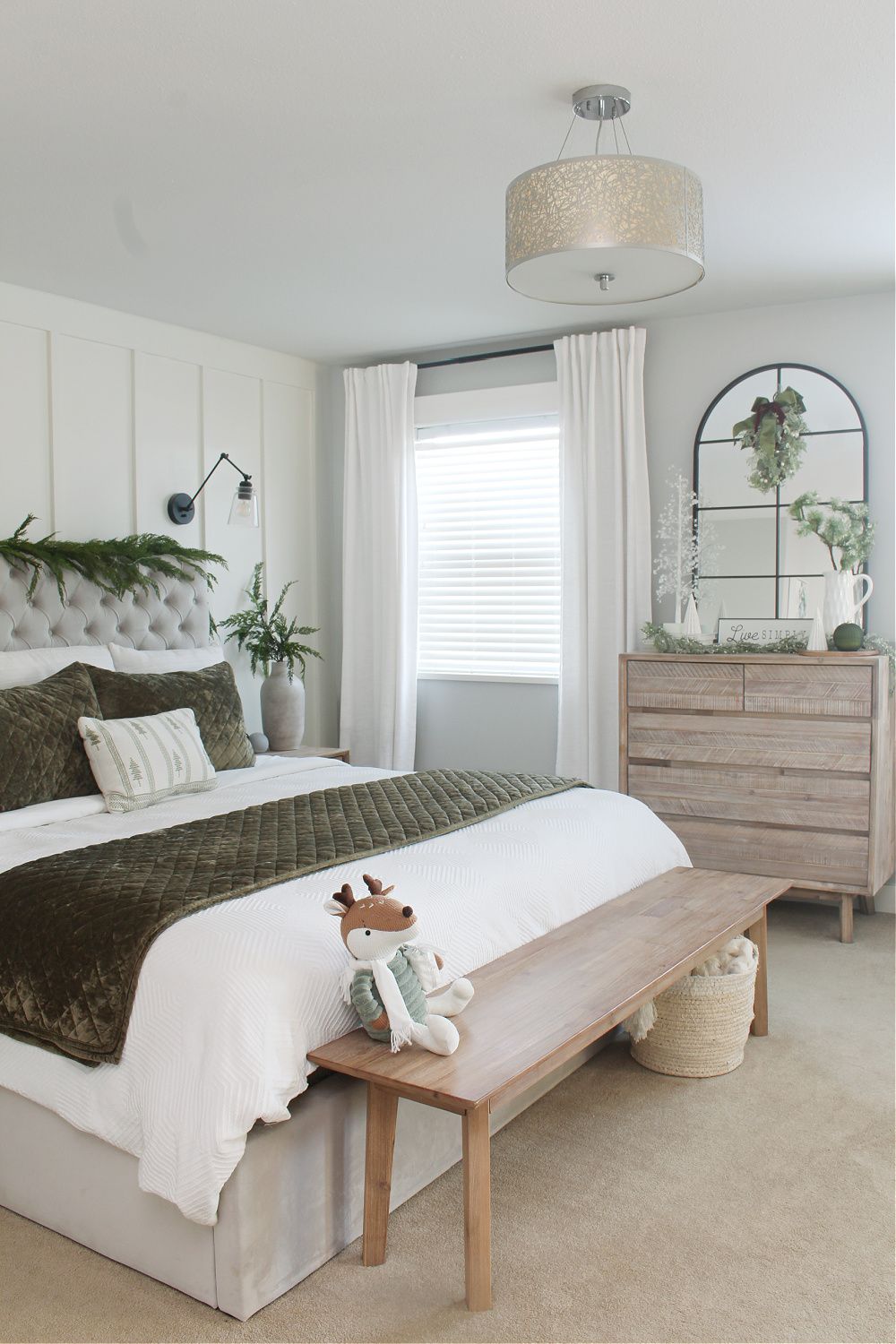 Modern Farmhouse Bedroom with Green Velvet Throw — Christmas Bedroom Decor