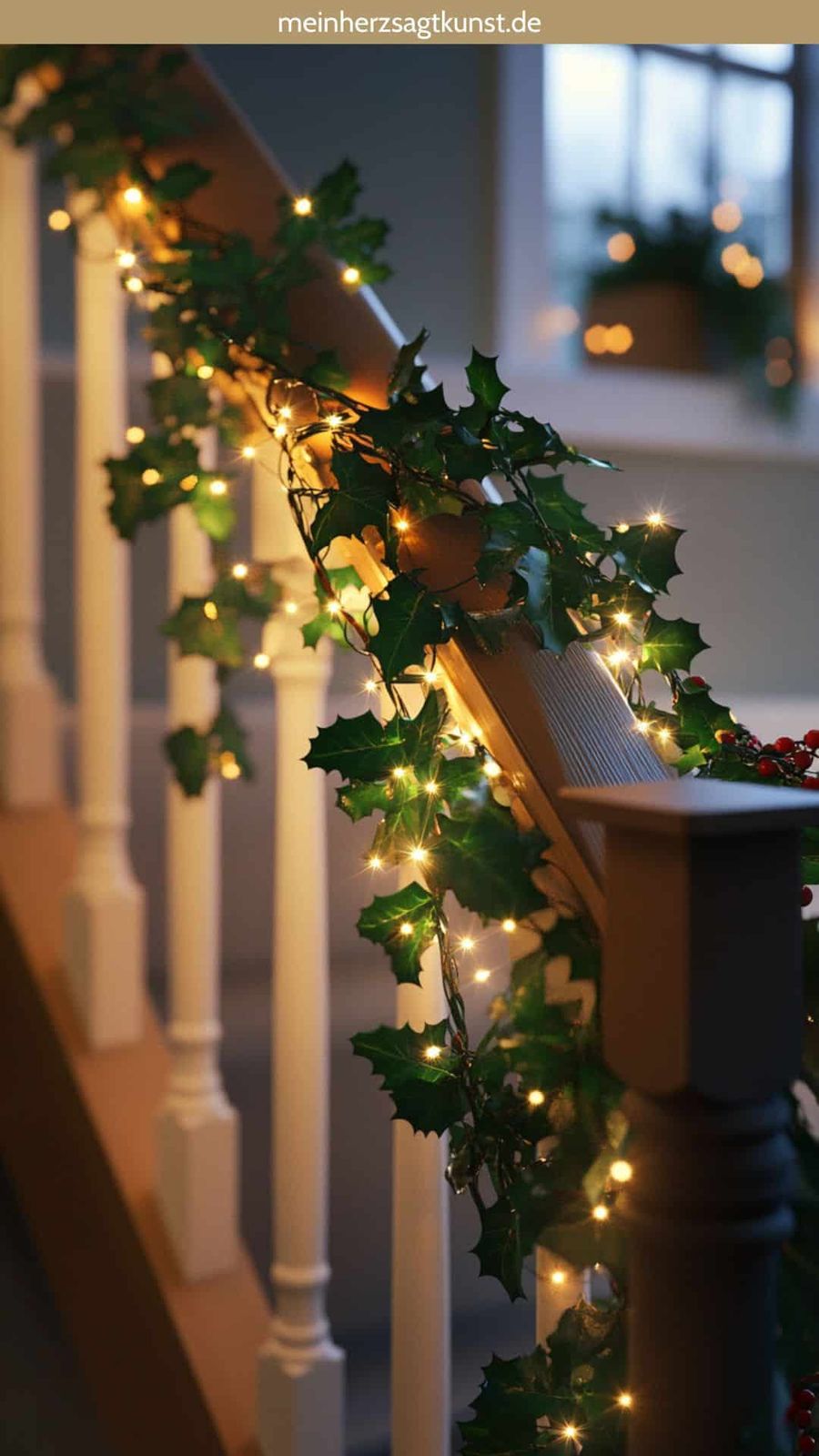Twinkling Fairy Lights on a Holly Garland — Christmas Staircase Decor