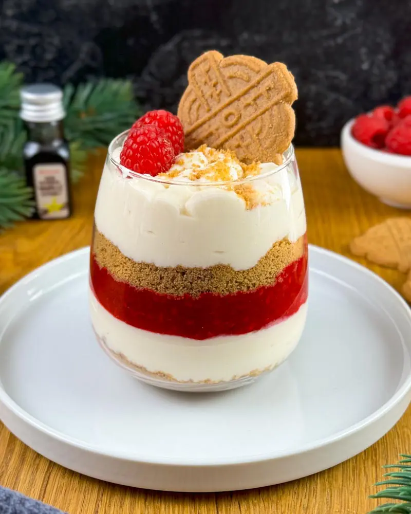 Layered Raspberry Dessert with Cookie Garnish — Christmas Dessert Table