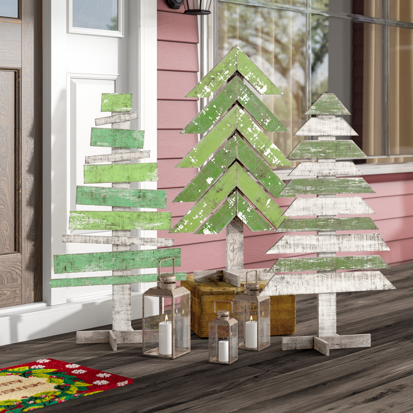 Arrange Rustic Wooden Trees with Lanterns on a Porch Arrange Rustic Wooden Trees with Lanterns on a Porch — Simple Christmas Outdoor Decor