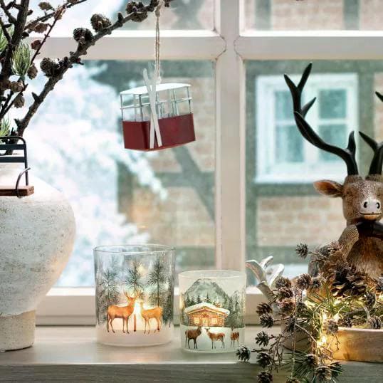 Vignette On A Shelf Or Windowsill Winter Woodland Shelf with Frosted Glass Candle Holders Vignette On A Shelf Or Windowsill Winter Woodland Shelf with Frosted Glass Candle Holders — Christmas Shelf Decor