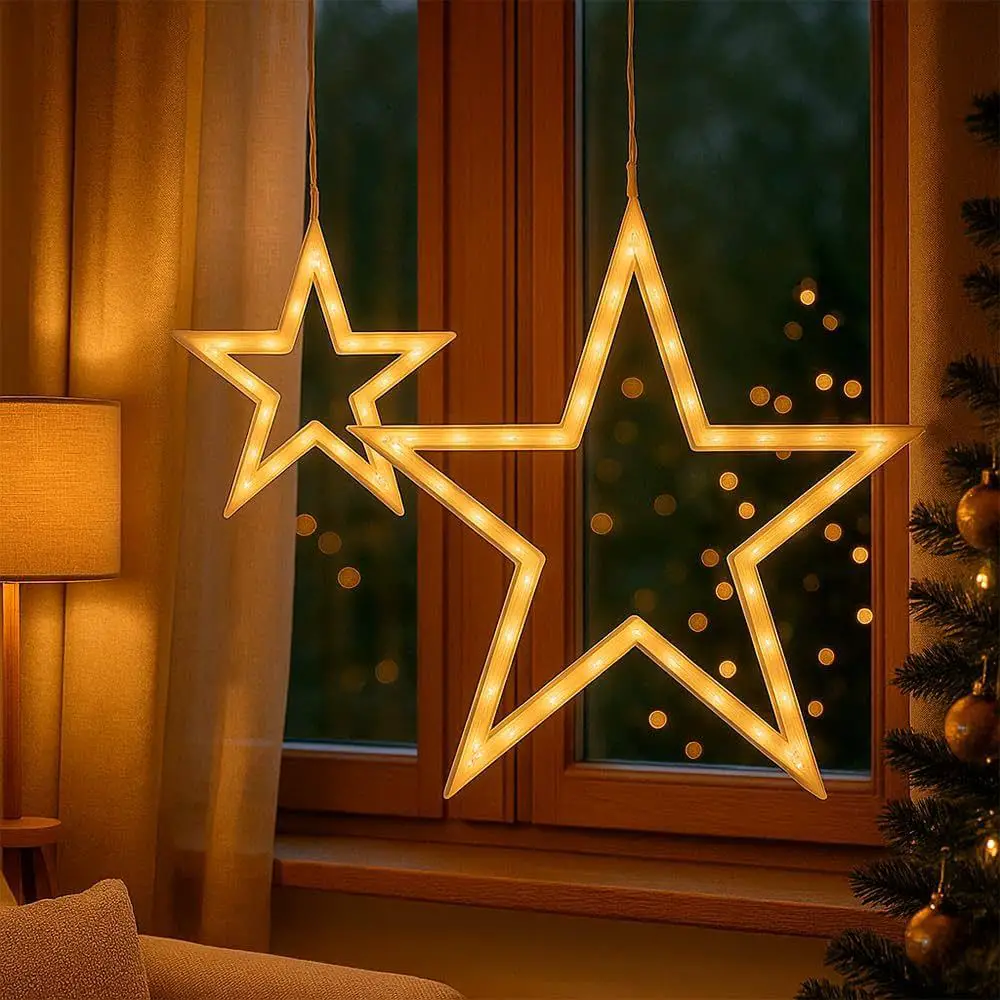 Window Display with Illuminated Star-Shaped Outlines Window Display with Illuminated Star-Shaped Outlines — Christmas Light Display Ideas