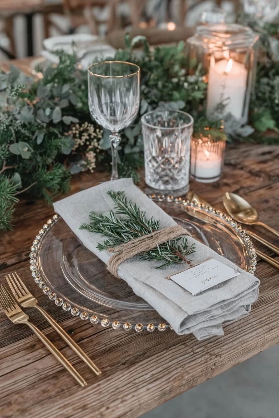 Rustic Place Setting with Rosemary Sprig and Candlelight — Christmas Table Setting