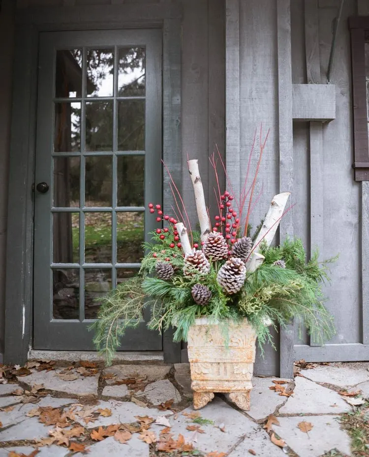 Large Stone Planter with Abundant Winter Greenery — Winter Front Door Decor