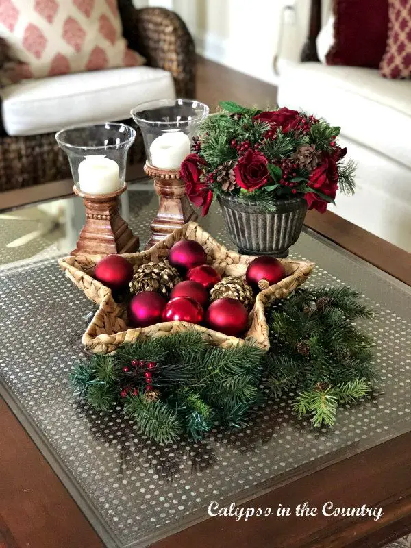 Glass Top Coffee Table with Star Basket of Ornaments Glass Top Coffee Table with Star Basket of Ornaments — Christmas Coffee Table Decor