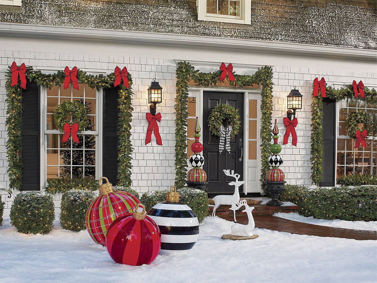 Grand Farmhouse Facade with Oversized Ornaments and Deer Grand Farmhouse Facade with Oversized Ornaments and Deer — Farmhouse Christmas Porch