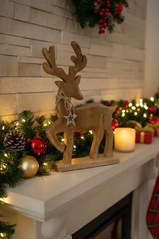Farmhouse Mantelpiece with a Wooden Deer and Garland — Rustic Christmas Decor