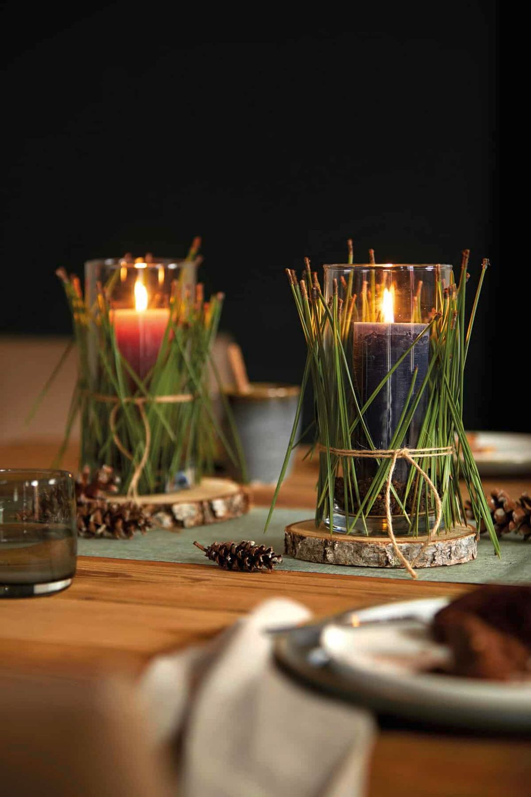 Rustic Dining Table Centerpiece with Pine Needle Wrapped Candles — Christmas Candle Decor