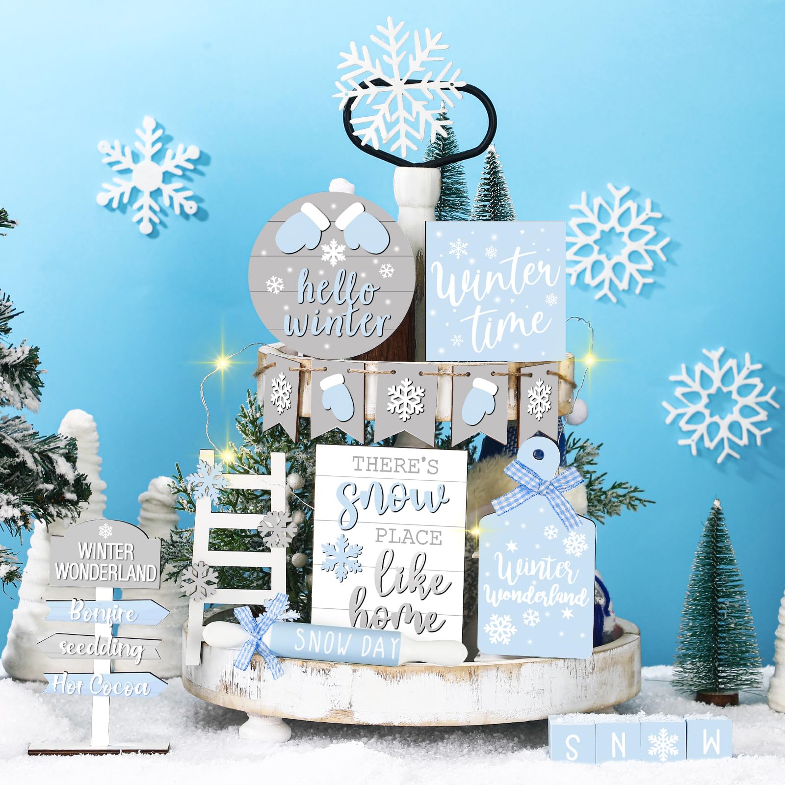 Winter Farmhouse Tiered Tray with 'Hello Winter' Sign and Mittens — Christmas Tiered Tray