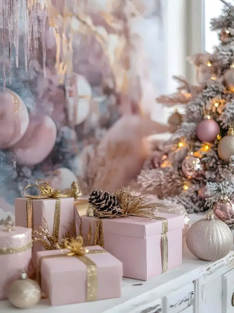 Pink Gift Boxes and Gold Ribbon Accents Beside a Christmas Tree — Pink and Gold Christmas Tree