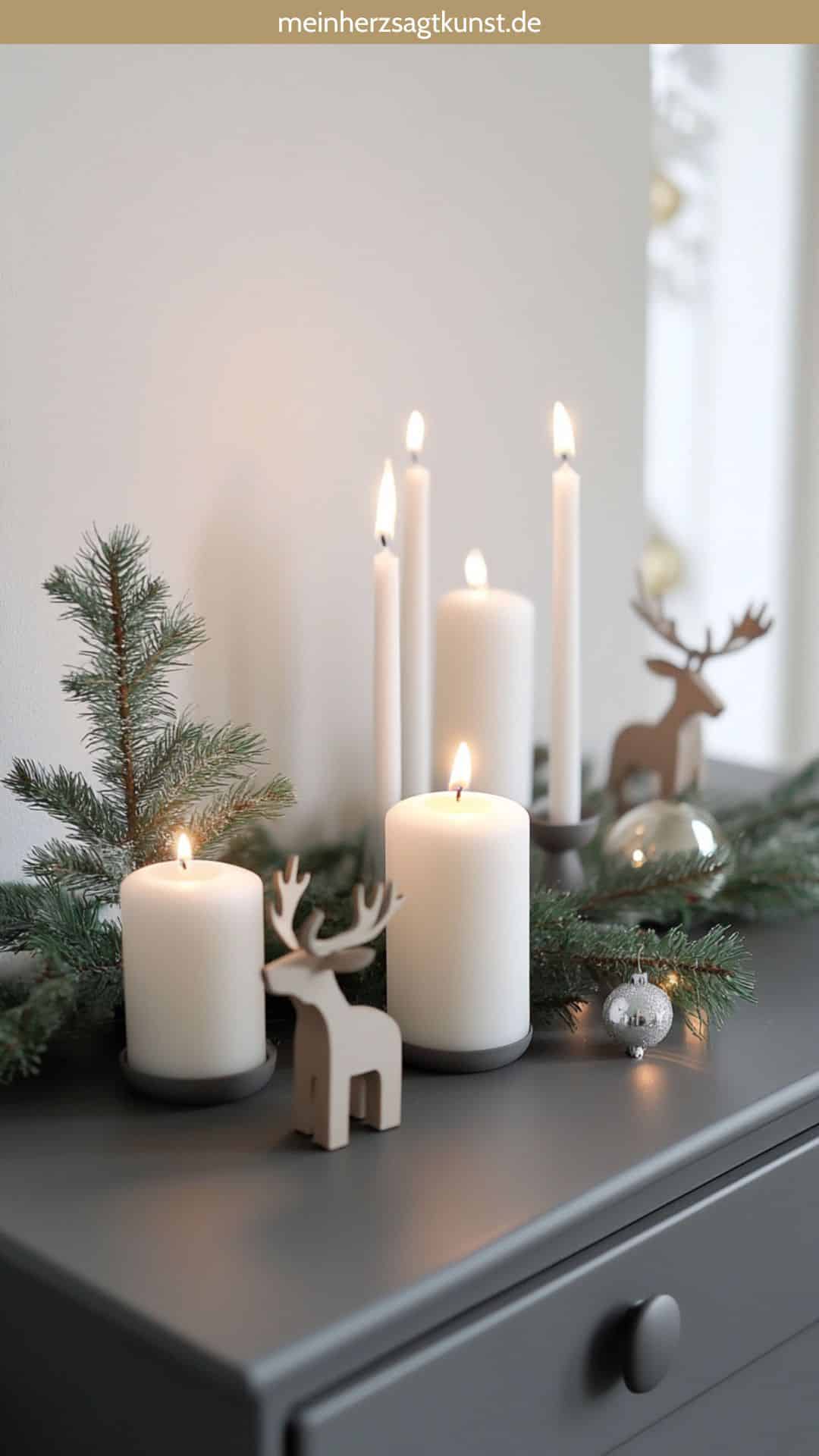 Layered Christmas Decor with Candles and Reindeer Figures Layered Christmas Decor with Candles and Reindeer Figures — Christmas Office Decor Ideas
