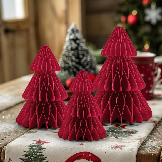 Vibrant Red Honeycomb Trees on a Table Runner — Tabletop Christmas Tree Decor
