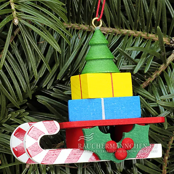 Wooden Sled Ornament Featuring a Candy Cane Base — Candy Cane Christmas Tree