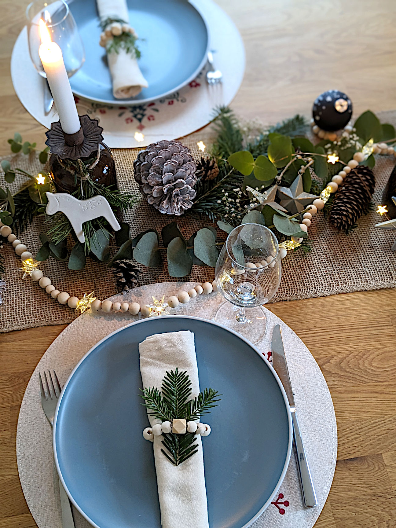 Rustic Table Runner with Wooden Bead Garland and Greenery Rustic Table Runner with Wooden Bead Garland and Greenery — Christmas Wedding Centerpiece
