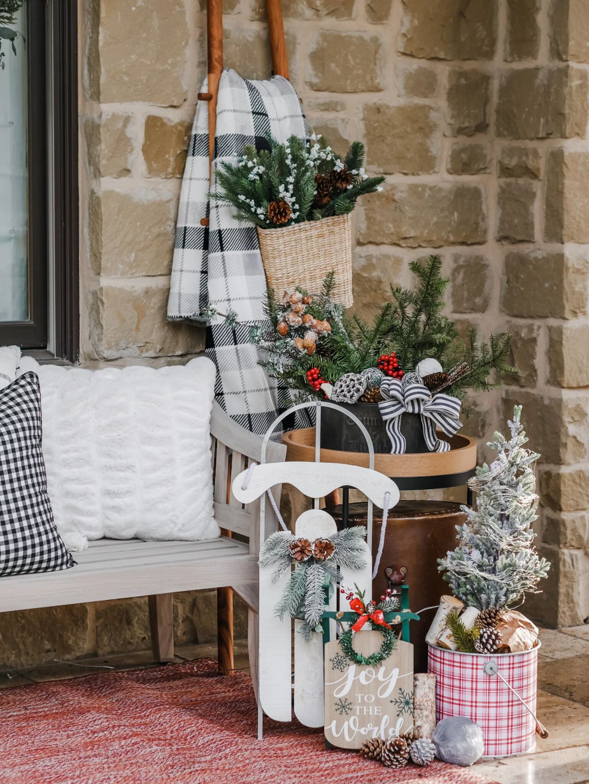 Charming Farmhouse Porch Vignette with a White Sled Charming Farmhouse Porch Vignette with a White Sled — Farmhouse Christmas Porch