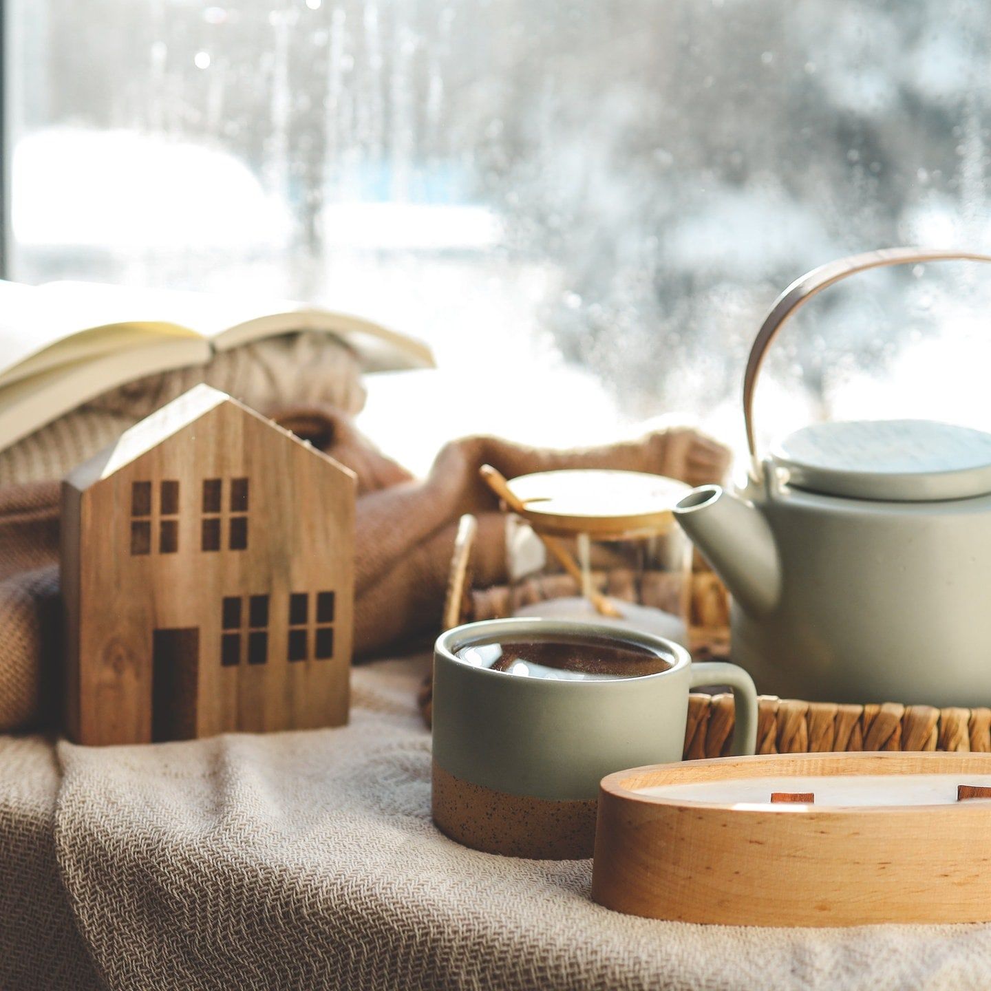Cozy Hygge Vignette with Steaming Mug and Wooden House Cozy Hygge Vignette with Steaming Mug and Wooden House — Hygge Home Decor
