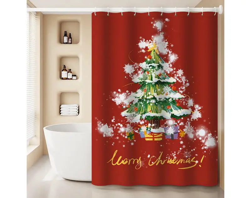 Striking Red Shower Curtain with Snowy Christmas Tree — Christmas Bathroom Decor