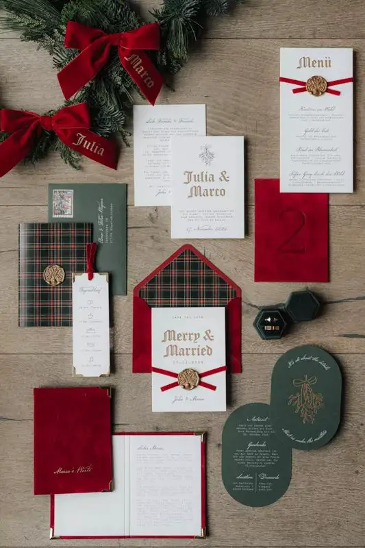 Modern Stationery Suite with Velvet and Tartan — Christmas Wedding Decor