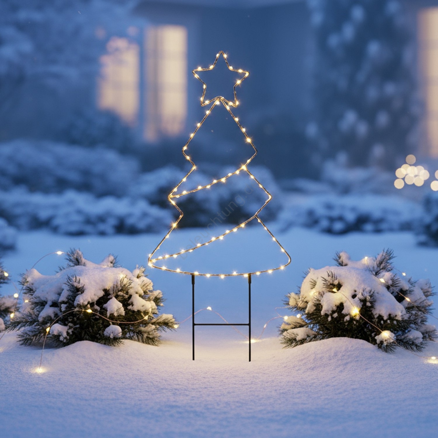 Wireframe Christmas Tree Shines in Snowy Yard Wireframe Christmas Tree Shines in Snowy Yard — Christmas Tree Lights
