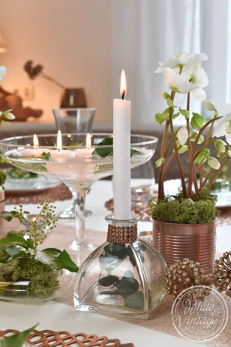 Vintage Table Setting with Rhinestone Candle Holders and Floating Candles Vintage Table Setting with Rhinestone Candle Holders and Floating Candles — New Years Eve Table Decor